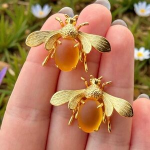 Gold Bee Earrings with Honey Amber Stone